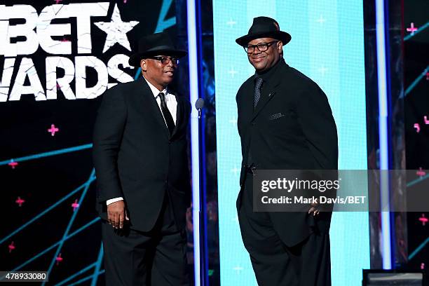Producer/songwriters Terry Lewis and Jimmy Jam speak onstage during the 2015 BET Awards at the Microsoft Theater on June 28, 2015 in Los Angeles,...