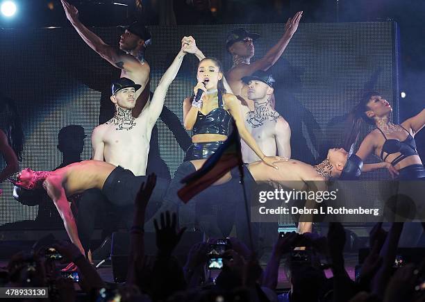 Singer Ariana Grande performs at the 27th annual NYC Pride: Dance On The Pier at Pier 26 on June 28, 2015 in New York City.