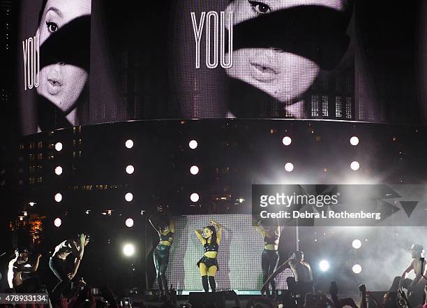 Singer Ariana Grande performs at the 27th annual NYC Pride: Dance On The Pier at Pier 26 on June 28, 2015 in New York City.