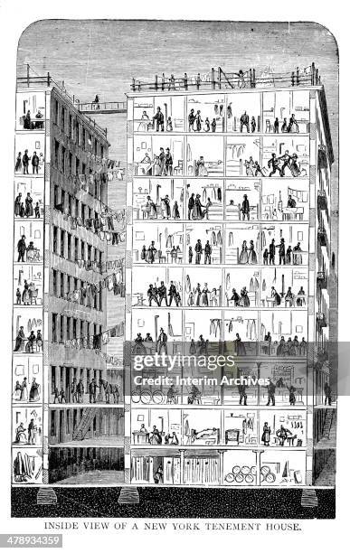 Cross-section Illustration depicts the various activities in a crowded tenement house, New York, New York, mid to late nineteenth century.