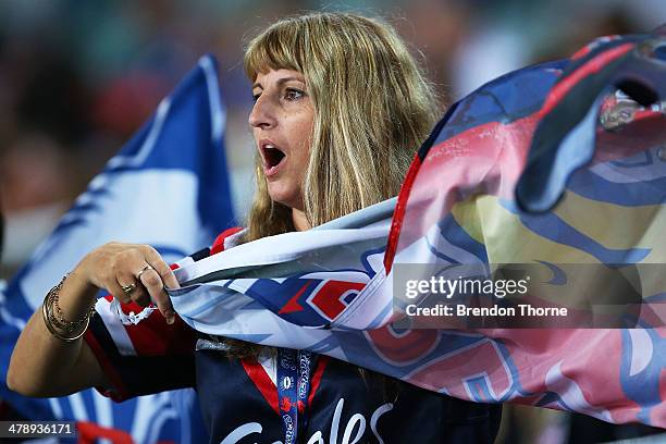 Roosters fan shows her colours during the round two NRL match between the Sydney Roosters and the Parramatta Eels at Allianz Stadium on March 15,...