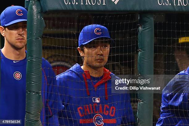 Tsuyoshi Wada of the Chicago Cubs looks on from the dugout in the second inning during a game against the St. Louis Cardinals at Busch Stadium on...