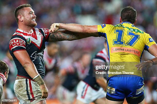 Jared Waerea-Hargreaves of the Roosters squares up to Darcy Lussick of the Eels during the round two NRL match between the Sydney Roosters and the...