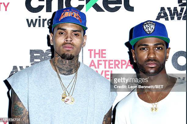 Singer Chris Brown and rapper Big Sean attend the Cricket green lounge during the 2015 BET Awards at the Microsoft Theater on June 28, 2015 in Los...