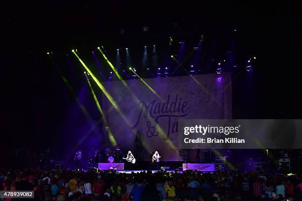 Tae Dye and Maddie Marlow of the group Maddie and Tae perform at Susquehanna Bank Center on June 28, 2015 in Camden, New Jersey.