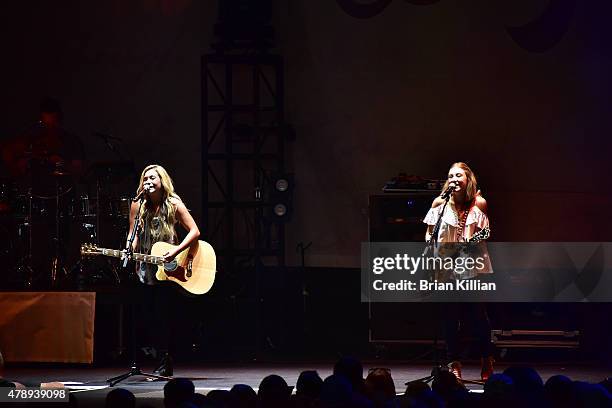 Tae Dye and Maddie Marlow of the group Maddie and Tae perform at Susquehanna Bank Center on June 28, 2015 in Camden, New Jersey.