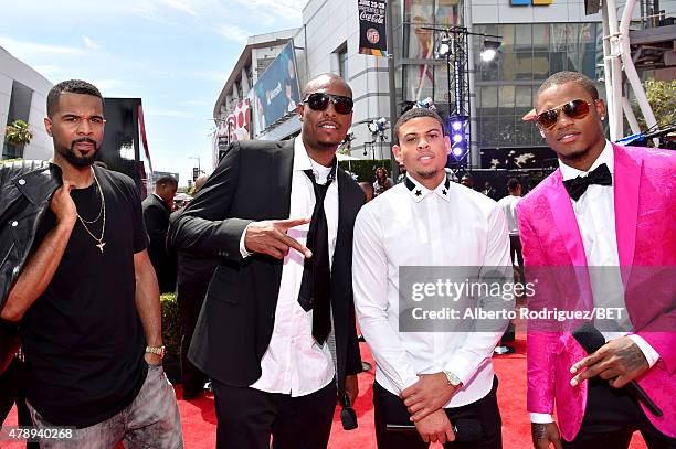 Poker player Derek Gregory, NBA players Paul Pierce, Ray McCallum Jr. And Ben McLemore attend the BET Awards pre-show during the 2015 BET Awards at...