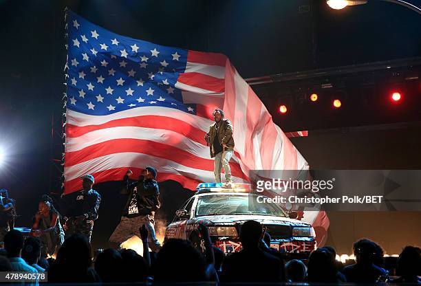 Recording artist Kendrick Lamar performs onstage during the 2015 BET Awards at the Microsoft Theater on June 28, 2015 in Los Angeles, California.