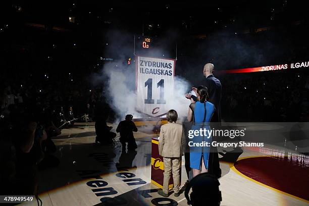 Zydrunas Ilgauskas of the Cleveland Cavaliers retires his jersey during halftime in a game against the New York Knicks at The Quicken Loans Arena on...