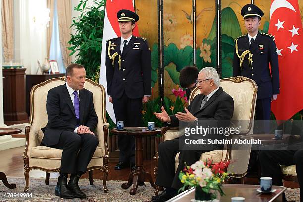 Australian Prime Minister Tony Abbott meets Singapore President Tony Tan Keng Yam at the Istana on June 29, 2015 in Singapore. Australian Prime...