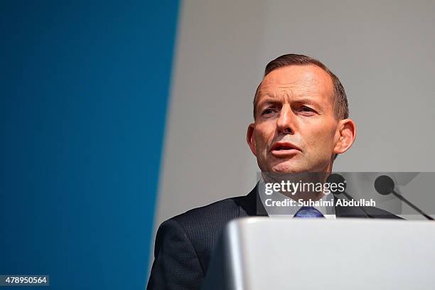 Australian Prime Minister Tony Abbott speaks during the 35th Singapore lecture at the Shangri-La Hotel on June 29, 2015 in Singapore. Australian...