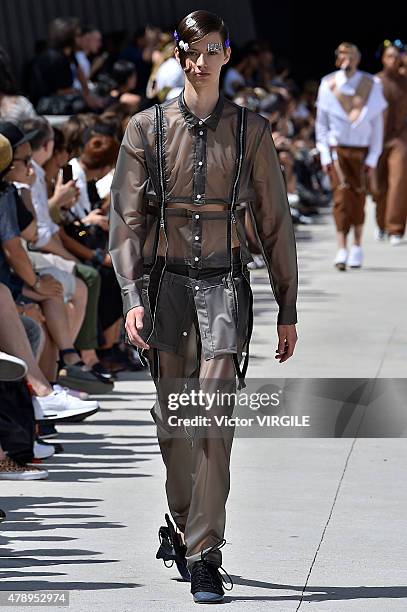 Model walks the runway during the Hood By Air Ready to Wear Menswear Spring/Summer 2016 show as part of Paris Fashion Week on June 28, 2015 in Paris,...