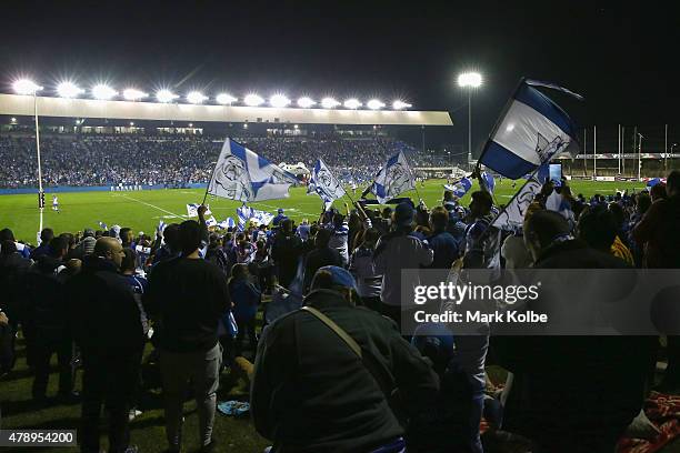 Bulldogs supporters cheer as the Buldogs take the field during the round 16 NRL match between the Canterbury Bulldogs and the Melbourne Storm at...