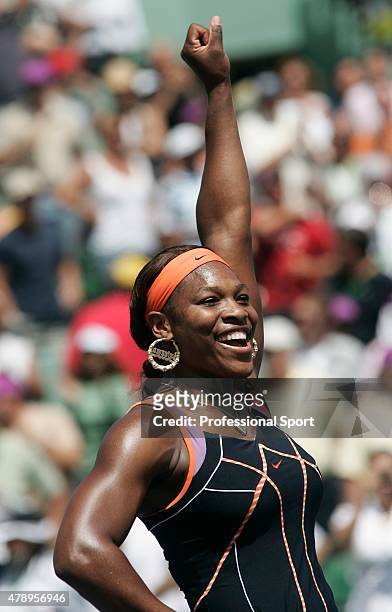 Serena Williams celebrates after defeating Justine Henin of Belgium to become the women's champion at the 2007 Sony Ericsson Open at the Tennis...