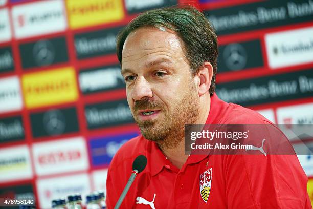 New head coach Alexander Zorniger talks to the media during a VfB Stuttgart press conference at Mercedes-Benz Arena on June 29, 2015 in Stuttgart,...