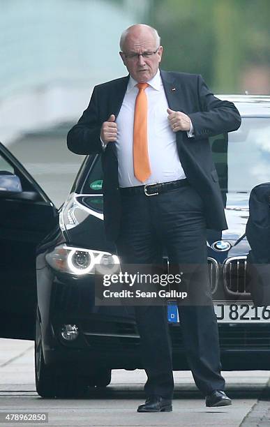 Volker Kauder, Chairman of the German Christian Democrats faction in the Bundestag, arrives at the Chancellery for an extraordinary meeting with...