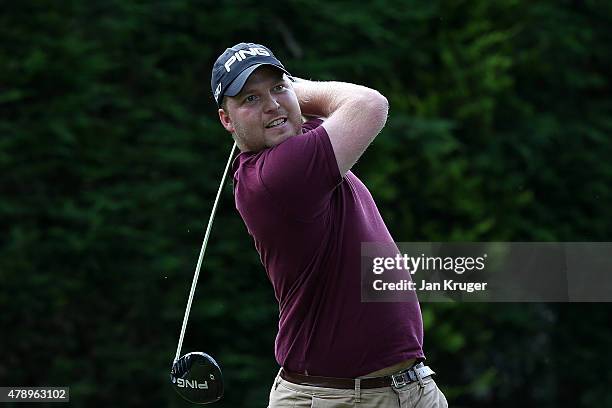 Adam Hodkinson of Chorlton-Cum-Hardy GC tees off during the Galvin Green PGA Assistants' Championship - North Qualifier at Penwortham Golf Club on...