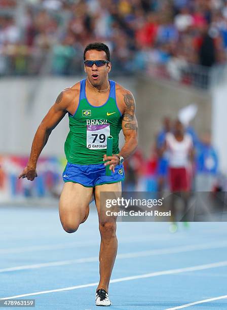 Bruno Lins Tenorio de Barros of Brazil crosses the finish line in Men's 4x100 relay during day nine of the X South American Games Santiago 2014 at...