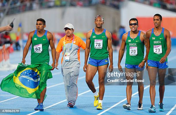 Team Brazil walk the track after winning Men's 4x100 Relay event during day nine of the X South American Games Santiago 2014 at Estadio Nacional on...