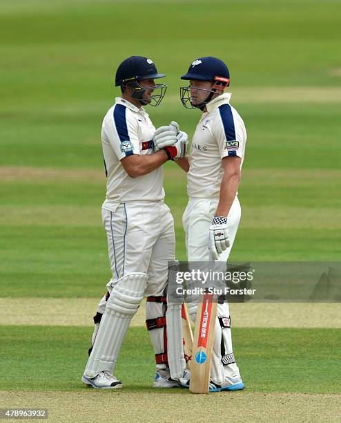 Yorkshire batsmen Tim Bresnan and Jonny Bairstow celebrate their 250 run partnership during day two of the LV County Championship Division One match...