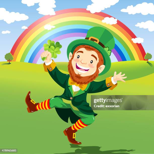 happy leprechaun in a nature background with rainbow - leprechaun stock illustrations