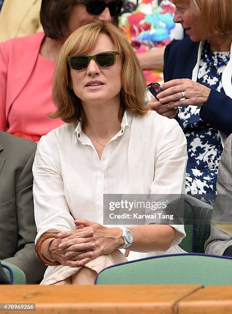 Fiona Bruce attends the Philipp Kohlschreiber v Novak Djokovic match on day one of the Wimbledon Tennis Championships on June 29, 2015 in London,...