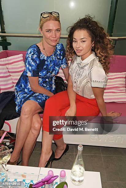 Jodie Kidd and Ella Eyre attend the evian Live Young suite on the opening day of Wimbledon at the All England Lawn Tennis and Croquet Club on June...