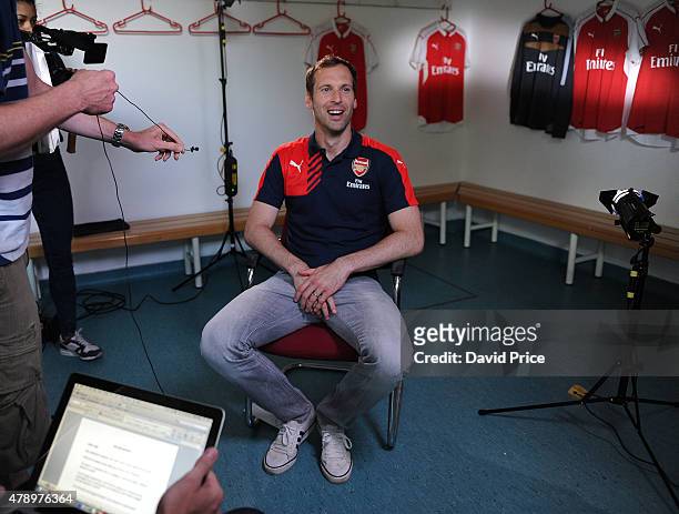Petr Cech is interviewed after signing for Arsenal Football Club at the Arsenal Training Ground at London Colney on June 26, 2015 in St Albans,...