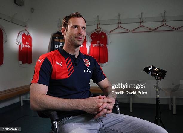 Petr Cech is interviewed after signing for Arsenal Football Club at the Arsenal Training Ground at London Colney on June 26, 2015 in St Albans,...