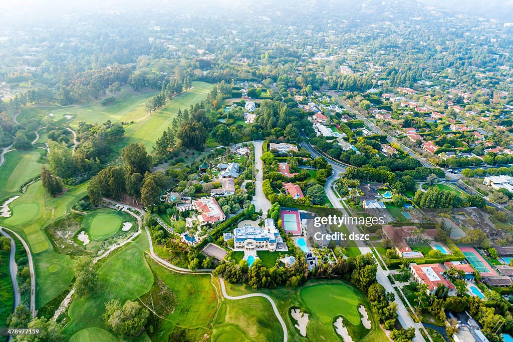 Bel Air Los Angeles neigborhood mansions and golf course, aerial