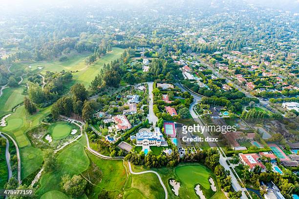 bel air los angeles neigborhood mansions and golf course, aerial - beverly hills california stock pictures, royalty-free photos & images