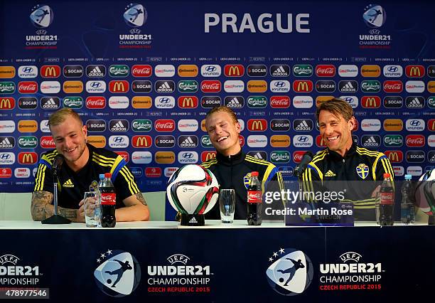 John Guidetti, Oscar Hiljemark and head coach Hakan Ericson of Sweden attend a UEFA press conference ahead of the UEFA European Under-21 final match...