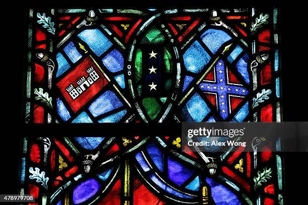 Stained-glass window honoring Robert E. Lee, commander of the Confederate Army of Northern Virginia in the American Civil War, installed at the...