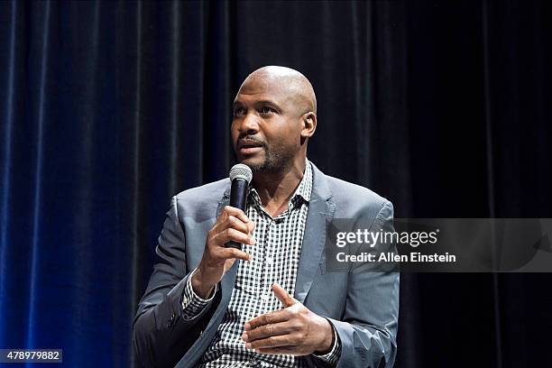 Former Detroit Piston Lindsey Hunter speaks at Detroit Piston Draft Night presented by Coors Light on June 25, 2015 at the Palace of Auburn Hills in...