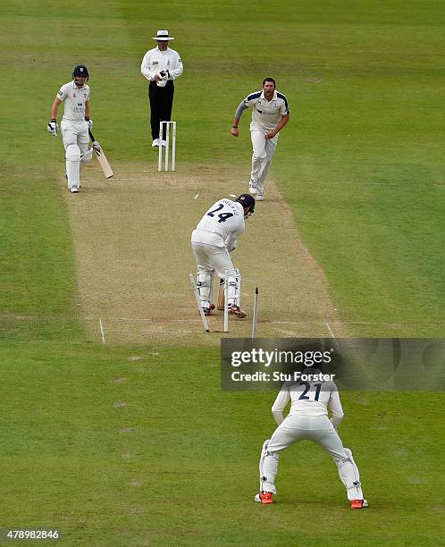 Yorkshire bowler Tim Bresnan bowls Durham batsman Gordon Muchall for no score during day two of the LV County Championship Division One match between...