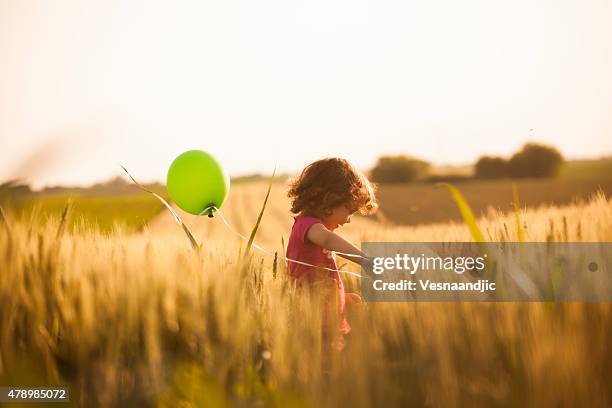 niedliche kleine mädchen mit luftballons im feld - baby creativity ideas stock-fotos und bilder