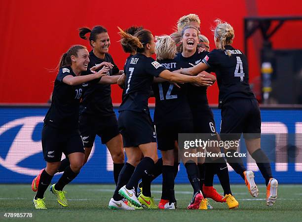 Rebekah Stott of New Zealand celebrates scoring the first goal against China PR during the FIFA Women's World Cup Canada 2015 Group A match between...