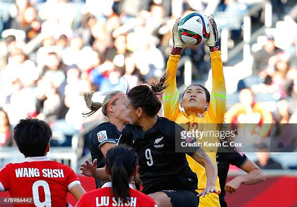 Goalkeeper Wang Fei of China PR against New Zealand during the FIFA Women's World Cup Canada 2015 Group A match between China PR and New Zealand at...