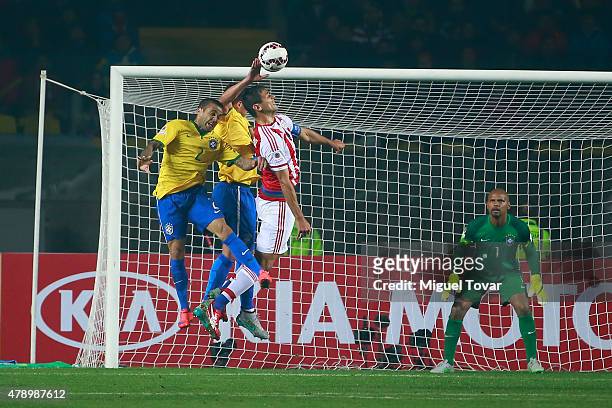 Thiago Silva of Brazil plays the ball with his hand in the box during the 2015 Copa America Chile quarter final match between Brazil and Paraguay at...