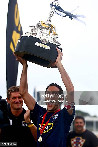 Auckland captain Ivan Vicelich celebrates with the ASB Premiership Trophy following the ASB Premiership match between Auckland and Wellington at...