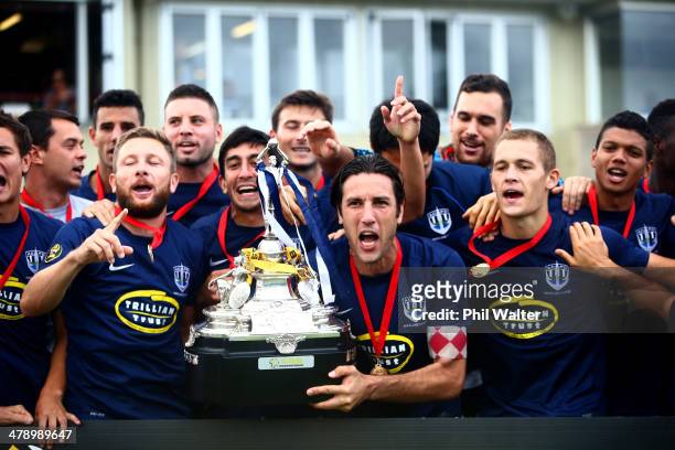 Auckland captain Ivan Vicelich celebrates with the ASB Premiership Trophy following the ASB Premiership match between Auckland and Wellington at...