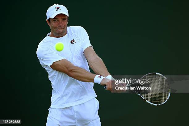 Teymuraz Gabashvili of Russia in action in his Gentlemens Singles first round match against Alexander Zverev of Germany during day one of the...