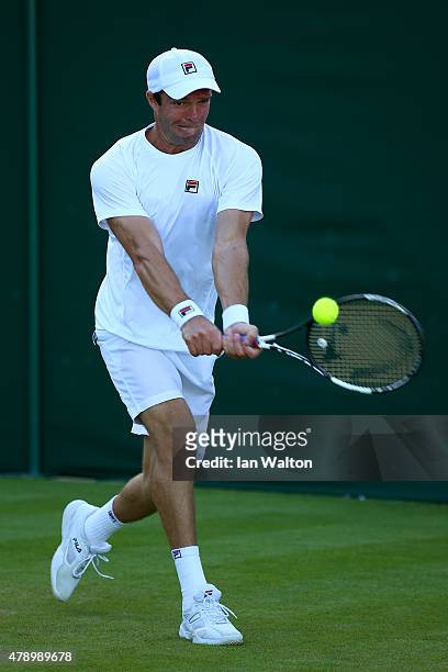 Teymuraz Gabashvili of Russia in action in his Gentlemens Singles first round match against Alexander Zverev of Germany during day one of the...