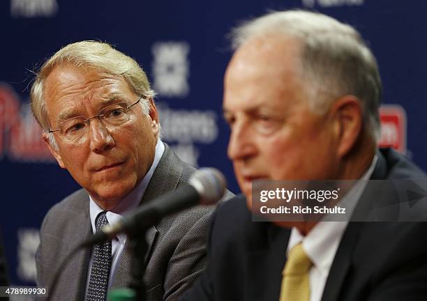 Andy MacPhail, left, listens as Philadelphia Phillies President Pat Gillick answers a question during a press conference at Citizens Bank Park on...