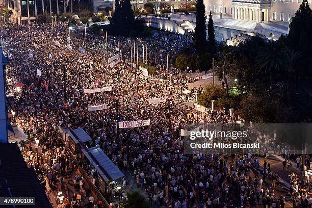 Demonstrators during a rally in Athens, Greece, 29 June 2015. Greek voters will decide in a referendum next Sunday on whether their government should...