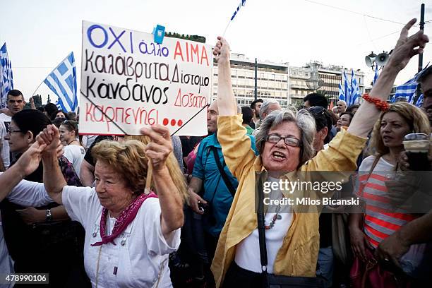 Demonstrators during a rally in Athens, Greece, 29 June 2015. Greek voters will decide in a referendum next Sunday on whether their government should...