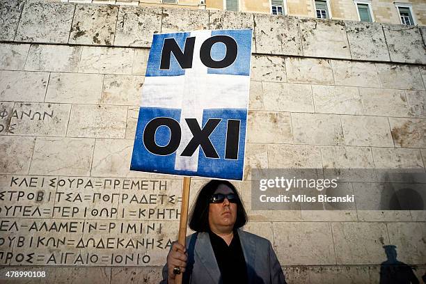 Demonstrators during a rally in Athens, Greece, 29 June 2015. Greek voters will decide in a referendum next Sunday on whether their government should...