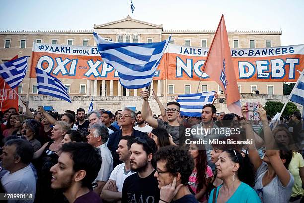 Demonstrators during a rally in Athens, Greece, 29 June 2015. Greek voters will decide in a referendum next Sunday on whether their government should...
