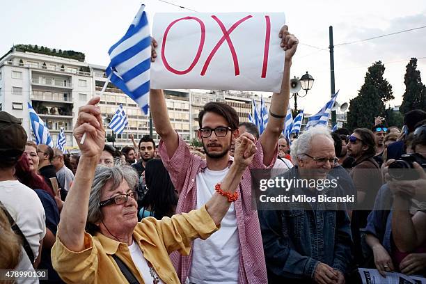 Demonstrators during a rally in Athens, Greece, 29 June 2015. Greek voters will decide in a referendum next Sunday on whether their government should...