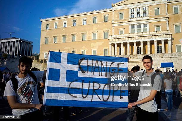 Demonstrators during a rally in Athens, Greece, 29 June 2015. Greek voters will decide in a referendum next Sunday on whether their government should...